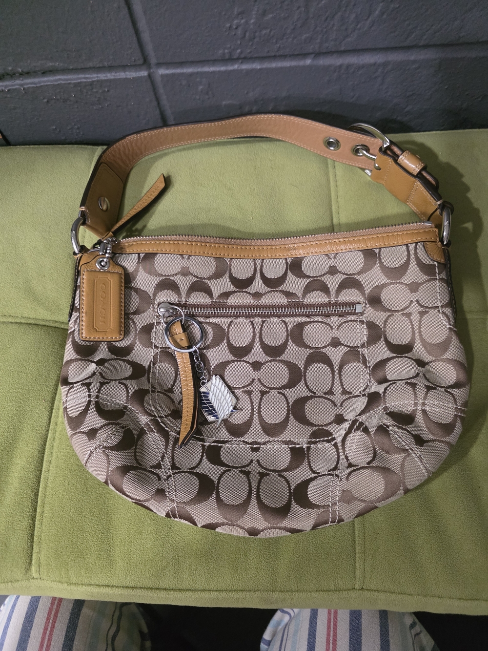 Coach Khaki Signature Canvas Hobo with Tan Leather Trim